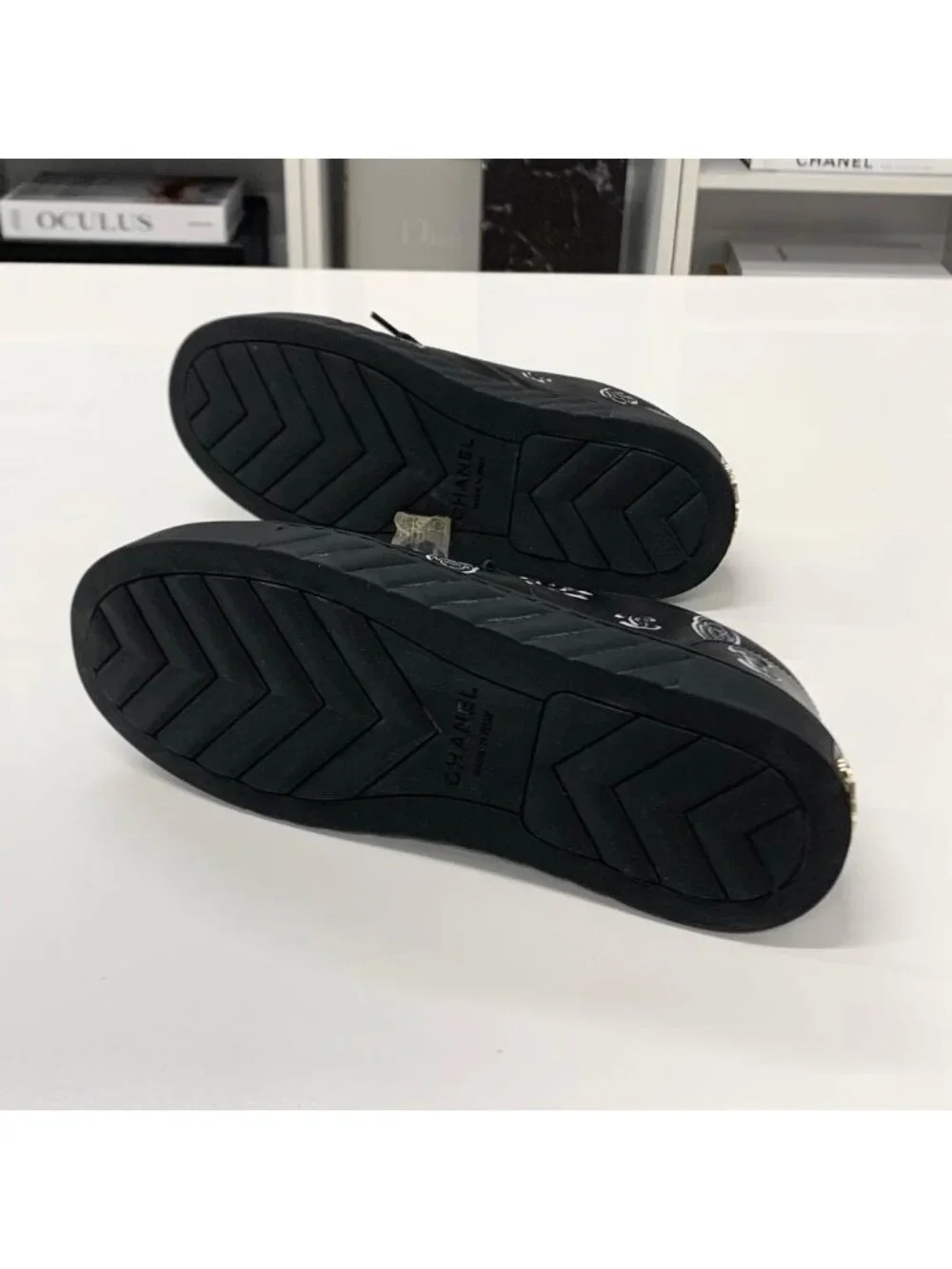 Chanel CC Logo Camellia Leather Fabric Sneakers Black